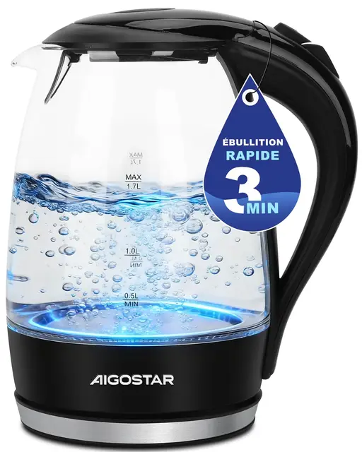 Aigostar Adam 30GOM - Bouilloire électrique en cristal avec illumination LED, capacité de 1,7 litres, puissance de 2200W, sans BPA et système de protection contre l'ébullition à sec. Design exclusif.
