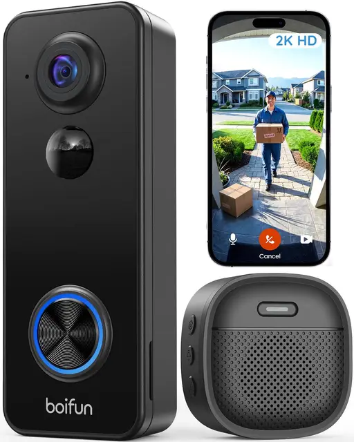 BOIFUN 2K 3MP Sonnette sans Fil Exterieur Etanche, Vue Panoramique à 180°, Détection IA Avancée, Installation Facile, Vision Nocturne, Compatible avec Alexa, IP65 étanche, Wi-FI 2,4 GHz Uniquement