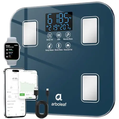 arboleaf Balance impédancemètre rechargeable USB, pese personne masse graisseuse et muscle pour le calcul de l'IMC et 14 autres paramètres. Balance pese personne sans pile, jusqu'à 180 kg