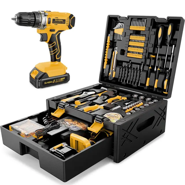 Sundpey Malette Outils 267 Pièces avec Perceuse Visseuse Sans Fil 21V, Caisse a Outil Complete avec Batterie 2.0Ah, Boite a Outils Complète avec Marteau, Tournevis, Clés et Malette Outils à Tiroirs