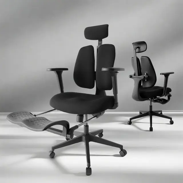 Chaise de Bureau Ergonomique, Dossier Séparé Dynamique, Siège en Mousse Moulée 8 cm, Accoudoirs 4D, Fauteuil de Bureau Grand Dossier avec Repose-Pieds, Flex S3, Noir