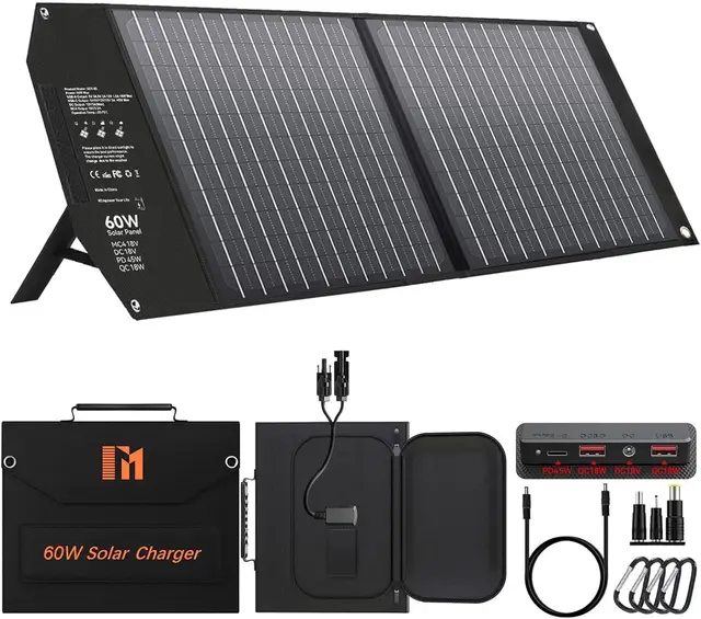 Panneau Solaire 60 W Avec PD3.0, PD45 W, USB-C, QC3.0 et USB-A (18 V CC, MC4) Idéal pour le Camping, Les Voyages en Camping-car et la.pour Petit Générateur, Téléphone, Alimentation Mobile