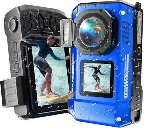 MaxMango D50 33FT Appareil Photo Numérique Etanche,8K 70MP Caméra sous-Marine avec 16 Go de Stockage, Double écran 18x, Résistante à la Poussière et Aux Chocs, Autofocus - Bleu