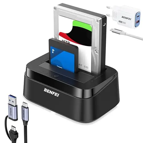 BENFEI Station d'accueil pour Disques Durs avec Fonction de Clonage Hors Ligne UASP, Dock Double Baie USB-C pour HDD/SSD 2.5/3.5", Jusqu'à 5 Gbit/s | Installation sans Outil