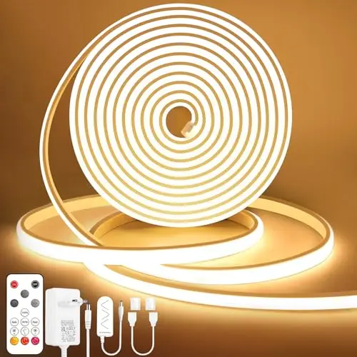 Lamomo Ruban LED COB, Blanc chaud 5M Bandeau Led avec télécommande, IP65 étanche, Flexible, 3000K, Largeur 10mm, Dimmable, Silicone, Découpable, 24V Néon Strip pour Décoration maison, Cuisine, Chambre