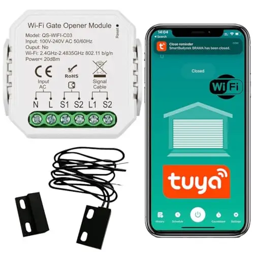 Sone Smart One Ouvre Portail Connecté WiFi 2.4GHz – Module Porte de Garage Contact Sec 230V – Compatible Tuya Smart Life, Alexa, Google Home – Sans Passerelle – Capteur Inclus – 46x46x18mm