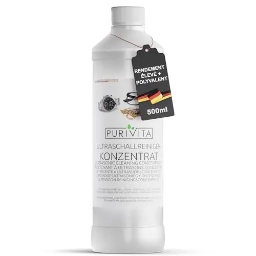 PURIVITA® Nettoyeur Ultrasons Concentré [500ML] - Nettoyant pour Appareils à Ultrasons - Liquide de Nettoyage pour Ultrasons - Produit Ultrasons pour Lunettes, Bijoux & Monnaie - Ultrasonic Cleaner