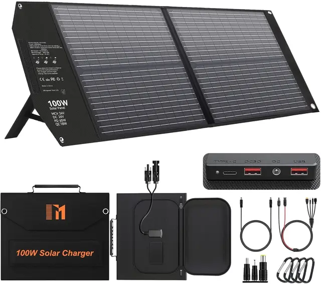 Panneau Solaire Portable 100W, Charge Rapide USB-C PD 65 W, 24 V MC4 DC QC3.0, Chargeur Solaire Pliable USB-A pour Centrale électrique, Générateur, Camping, Caravaning, Vie Hors Réseau