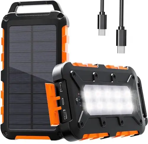 Batterie Externe Solaire 10000mAh, PD22.5W Chargeur Solaire Power Bank Portable USB C 3A Charge Rapide avec 3 Ports, Câbles et Lampe pour Smartphone, Tablette, Camping et Plus,Orangefoncé