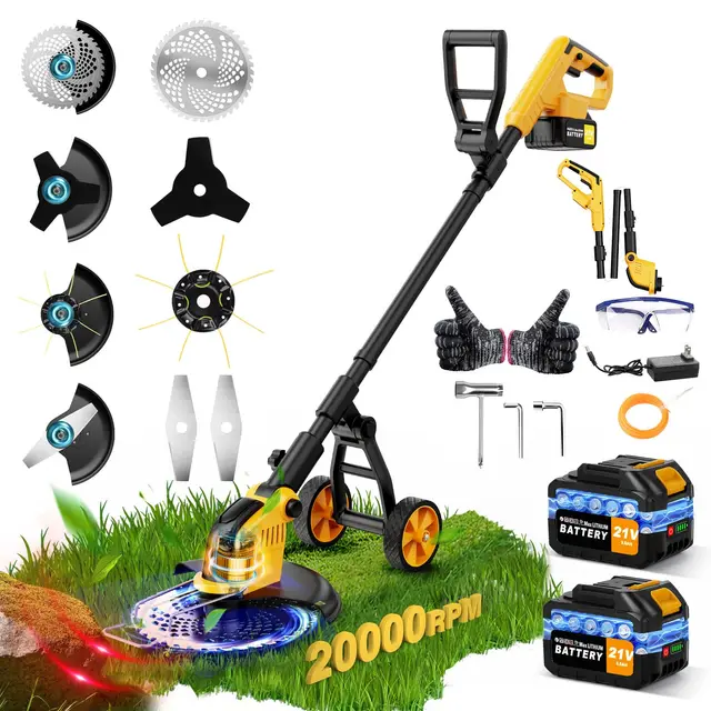 Débroussailleuses Electrique sans Fil avec Roue,Akku Rasentrimmer,30CM Coupe Bordures sans Fil avec 2 * 3.0Ah Batterie et Chargeur&4 Types Lames,Moteur Brushless 800W