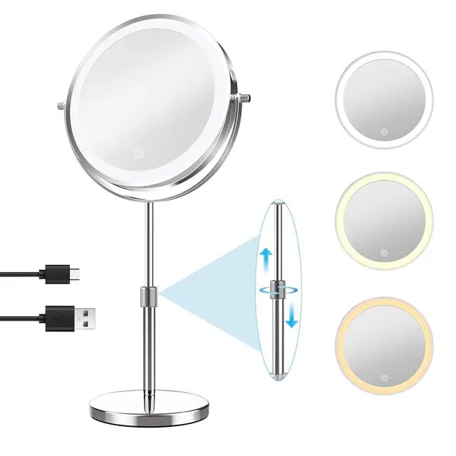 TopDirect Mirroir Maquilleur Lumineux 8 Pouces, Miroir de Table 35 à 45 cm Hauteur Réglable, Grossissement 1X/10X, 3 Réglages de Couleur et Rotation à 360°, Double Face Miroir pour Maquillage Coiffure