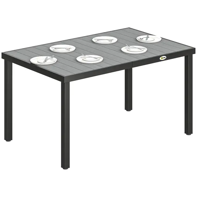 Outsunny Table de Jardin rectangulaire pour 4 à 6 Personnes, Table à Manger extérieure avec Plateau à Lattes, Pieds en Acier, idéale pour terrasse, Balcon, Porche, 140 x 90 x 74 cm, Gris