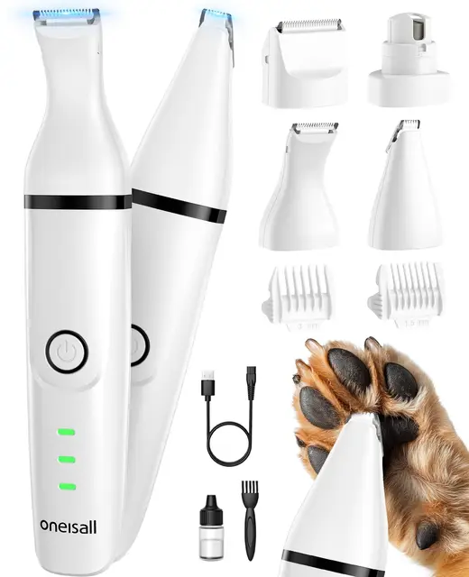 oneisall Tondeuse chien set, Silencieuse Tondeuse pour chien,Sans Fil Fondeuse Toilettage pour Animaux avec 4 têtes de coupe multifonctions pour Chat et Chien (Blanc)