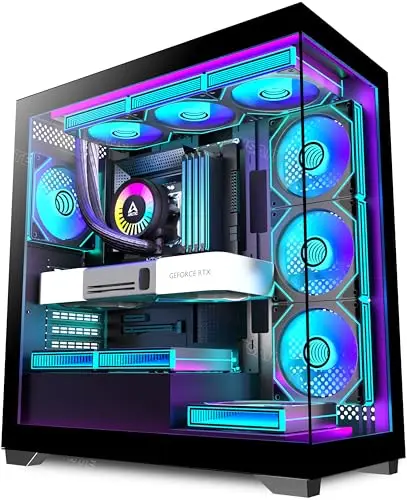 ANSAITE Boîtier PC ATX 7 Ventilateurs PWM ARGB pré-installés, Boîtier PC Gaming Mid-Tower, Boîtier Informatique panoramique en Verre trempé avec Type-C, Support de radiateur 360mm,Noir,C9