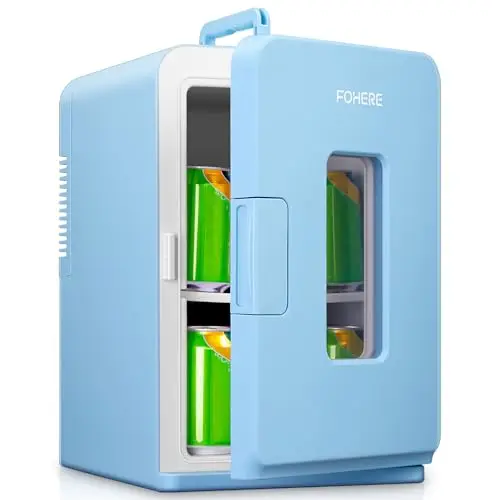 FOHERE Mini Frigo de Chambre 15L/21 Canettes, Petit Frigo Portable 240V/12V, Mode Silencieux, Fonction Chaud/Froid, Frigo Cosmetique