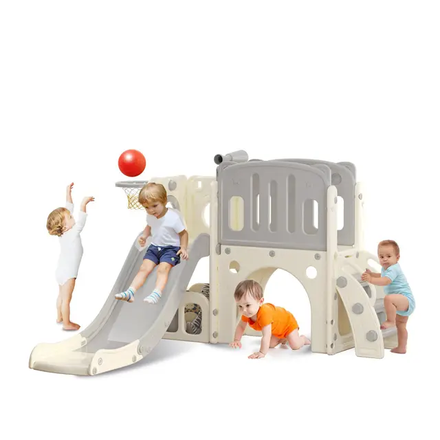Toboggan pour Tout-Petits avec Échelle d'escalade, Panier de Basket et Tunnel, Ensemble de Toboggan en Plastique pour Enfants, Jouets d'aire de Jeux Montessori, Gris