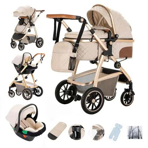 Gcarebb Poussette 3 en 1, Poussettes Citadines Avec Siège Auto, Poussette Canne Poignée Réglable en Hauteur, Poussettes Combinée Paysage Haut Cadre en Aluminium Convient Pour 0-4 Ans