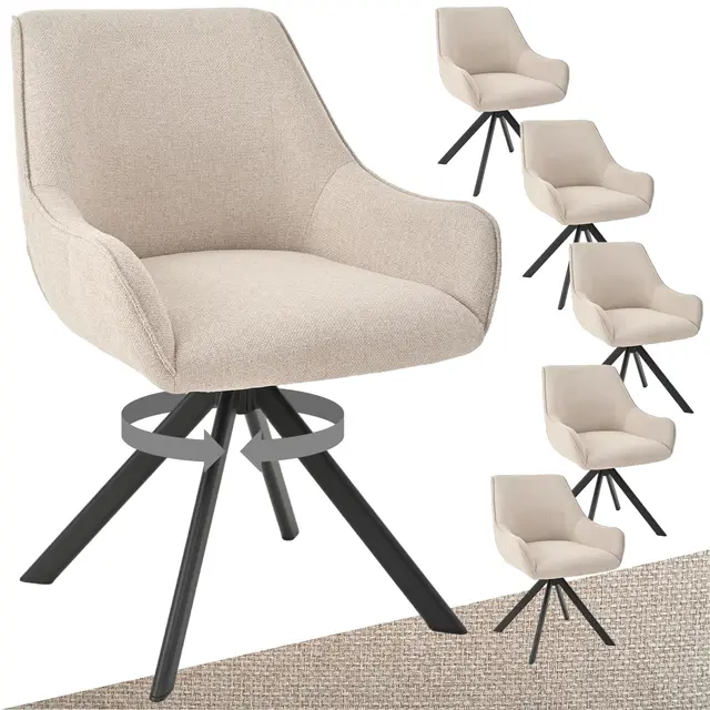 Chaises Pivotantes Lot de 6 – Chaises Lin avec Accoudoirs, 360° Pivotantes, Pieds Métal, Dossier Confort, pour Salle à Manger, Salon, Beige