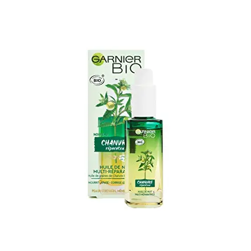 Garnier Bio - Huile de Nuit Multi-Réparatrice Visage - Au Chanvre Nourrissant & Vitamine E - Peaux Stressées & Sensibles - 30 ml