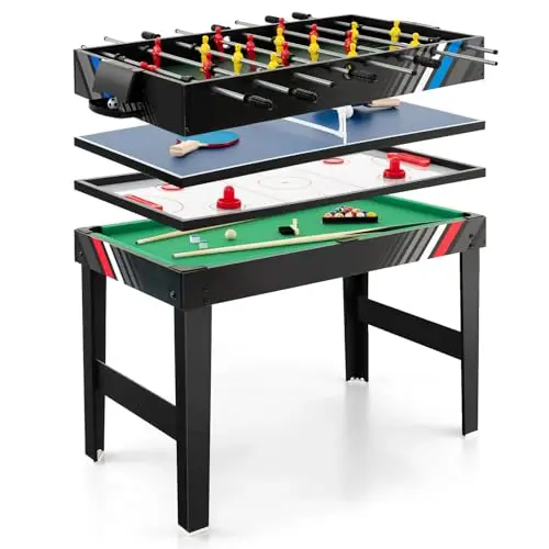 COSTWAY 4 en 1 Table de Baby-Foot avec Billard & Hockey & Tennis, Table Multijeux Empilable avec Marqueur Manuel, Jouet d'arcade pour Fête Bar Salle de Jeux, Accessoires Inclus, 125x97x83cm