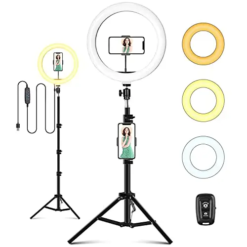LED Selfie Ring Light avec Trépied, Anneau Lumineux 10", avec Télécommande Wireless pour Maquillage, Youtube, TikTok, Alimenté par USB 3 Modes d'Eclairage 11 Niveaux Luminosité
