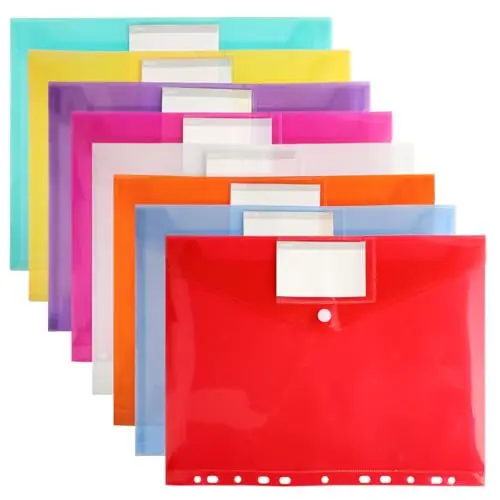 Lot de 8 porte-documents A4 en 8 couleurs, pochettes transparentes imperméables avec 11 bords perforés, fermeture Velcro et poche pour étiquettes, pour l'école, le bureau et la maison