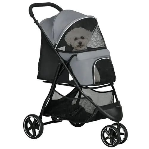 PawHut Poussette buggy pour chien, poussette pour chat animaux de compagnie pliable, 2 laisses, roues EVA, guidon réglable, panier, 83 x 55 x 101 cm, gris