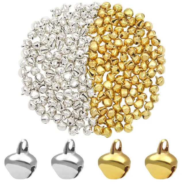 TOAOB 200 Pièces Grelots Clochettes en Métal Petites Clochette Jingle Bells 8mm Or et Argent pour Bricolage Fabrication de Bijoux Décoration de Fête de Noël D'intérieur Hochet