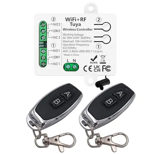 DieseRC Tuya Interrupteur Intelligent WIFI 2 Canaux, AC 90V-250V 220V Sortie Passive Module Relais, avec 2 Télécommandes RF, compatible avec Alexa/Google Home