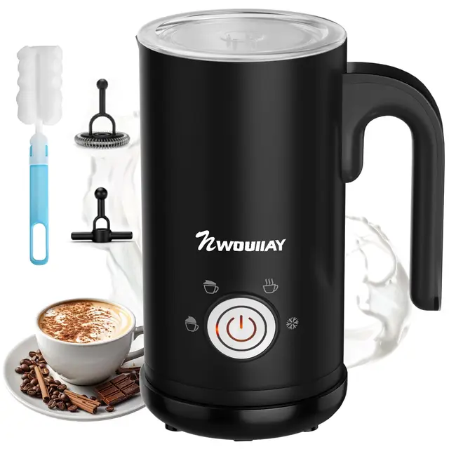Mousseur à Lait Électrique Professionnel 4 en 1 600W Mousse Chaude & Froide Chauffe-Lait 300ml avec Revêtement Antiadhésif Fonctionnement en Un Clic pour Latte, Cappuccino, Macchiato