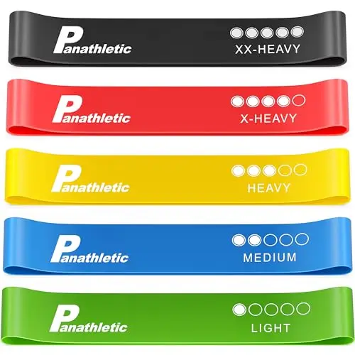 Panathletic Bandes Élastiques Fitness, Set de 5 Bandes – 5 Niveaux de Tension, Guide d’Exercices, eBook en Français, Sac de Transport – 5X Elastique Resistance de Musculation