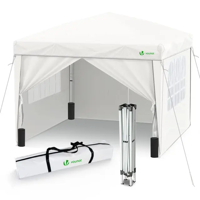 VOUNOT® Tonnelle de Jardin Tente 3x3m Pliable avec 4 Côtés et 4 Sacs de Sable Tente Pliante de Jardin pour Camping Festival Plage Jardins Sac de Transport Inclus Blanc