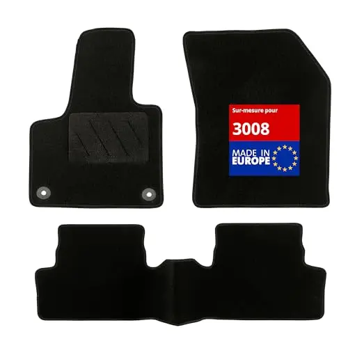 DBS - Tapis de Sol Voiture - sur Mesure - Adapté à Votre Peugeot 3008 (05/2009-09/2016) Antidérapant : Clips de Fixation et Autogrip - 3 pièces : Protection du Pont arrière - Moquette