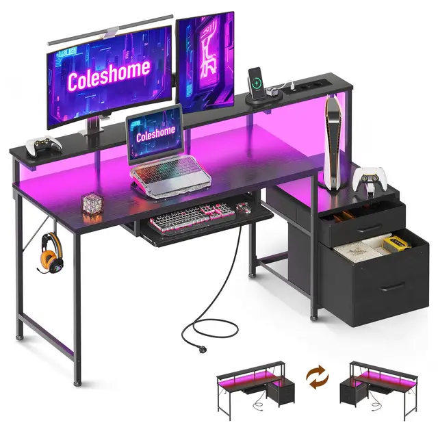 Coleshome Bureau Gaming avec LED, 140x48cm Bureau avec Tiroirs en Tissu Table Gaming avec Prises de Courant, Table Informatique avec Rangement pour Domicile, Noir