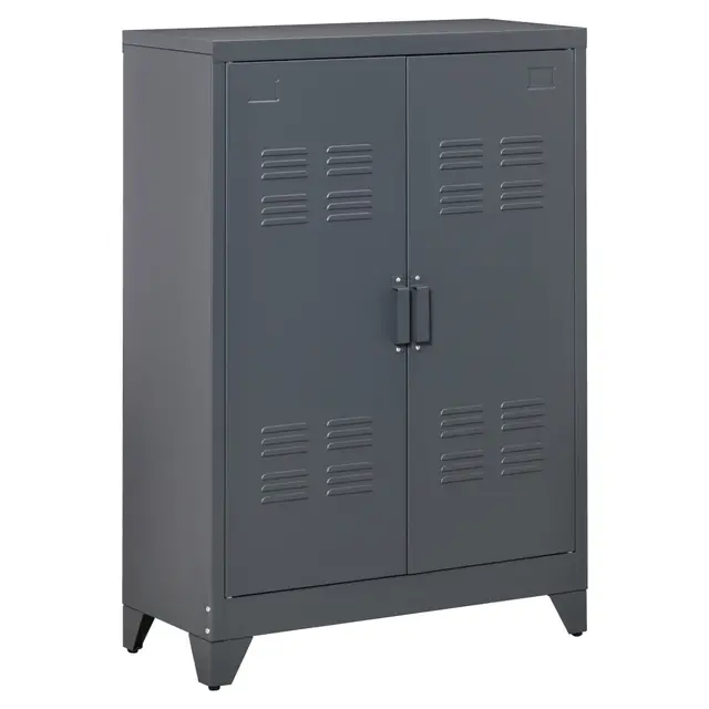 HOMCOM Armoire de bureau à 3 niveaux, meuble de rangement bureau métallique avec 2 portes et étagères réglables, armoire à dossiers pour domicile, garage, gris