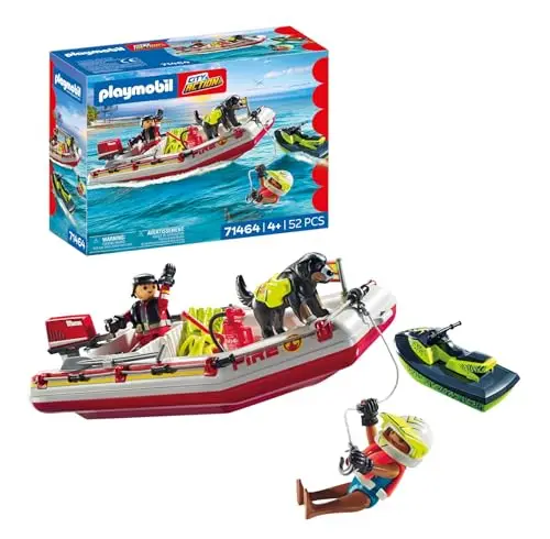 Playmobil 71464 Bateau de Pompier et Scooter des Mers - Action Hereos - avec Deux Personnages, Un Chien, Un Jet Ski, Un Bateau de Pompiers Flottant et des Accessoires - Ville & Métiers - Dès 4 Ans