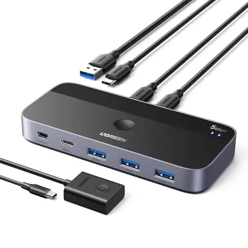 UGREEN Switch USB C 5Gbps avec 4 Ports Commutateur KVM pour 2 PC Entrées 4 Sorties Plug Play pour Clavier Souris Disque Dur Clé USB Imprimante avec Contrôleur du Bureau et 2 Câbles Inclus
