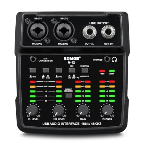 BOMGE Interface audio USB M12, mixeur à 2 canaux, entrée XLR/3,5 mm, alimentation 48 V, carte son pour enregistrement PC, studio, spectacle en direct, karaoké, Plug & Play
