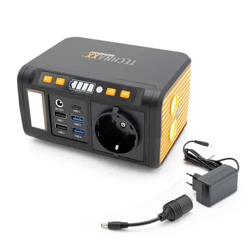 Technaxx Mini Station d’Énergie Portable 74Wh 80W avec Prise 230V, USB-C PD 18W, 4 ×USB-A QC3.0, Sortie DC, Lampe LED, Compatible Recharge Solaire, Générateur Camping – Modèle Mis à Jour 2026 TX-205+