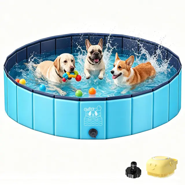 JONRRYIN Piscine pour Chien, 120 x 30cm Piscine Chien Pliable pour Grands et Petits Chiens, Stable et Antidérapant, Piscine Portable avec Rustines et Valve de Vidange pour Enfant Extérieure (120*30cm)