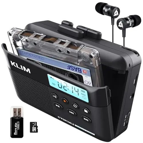 Cassette Player KLIM K7 - Lecteur Cassette Audio - Convertisseur Cassette Audio en MP3 - Microphone et Haut-Parleur intégrés - Batterie Rechargeable - Ecouteurs - Carte SD 8GB - Noir