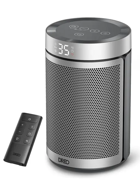 Dreo Chauffage Électrique Économique 34 dB Silencieux, Radiateur Céramique PTC 1500W avec Thermostat, Protection Surchauffe et Basculement, Minuterie 12H, Convecteur pour Chambre, Atom 316 Argent