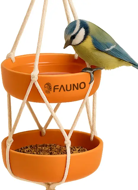 Mangeoire d'extérieur Suspendue avec Double Plateau en Fibre de Bambou et Corde en Coton pour Jardin, Balcon et terrasse Feeder résistante