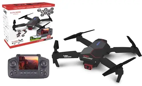 TURBO CHALLENGE - Drone - Quadricoptère - 400329 - Dispositif Volant - Noir - 2 Batteries Rechargeables - Cadeau - Anniversaire - Vidéo - Photo - Radiocommandé - Ecran Intégré - À Partir de 14 Ans