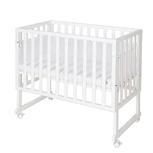 roba Lit Cododo 45 x 90 cm safe asleep® 3 en 1 - Hauteur Réglable - Berceau + Matelas + Barrière en Toile + Bordure en Maille + 4 Roulettes à Freins - Ensemble de Lit Bébé - Bois Blanc