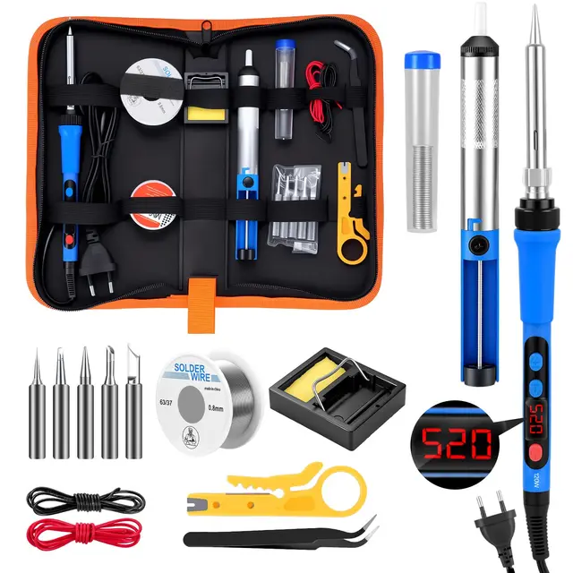 120 W Kit de Fer à Souder Numérique, Ecran LCD, Température Réglable 180-520 °C, Kit Soudage 15 en 1 Comprenant 5 Pannes, Une Pompe à Dessouder et La Soudure Pour L'électronique