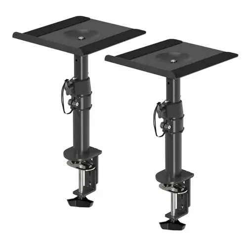 Suptek Supports d'enceintes à Pince pour Bureau, Réglables en Hauteur, Inclinables et Pivotants, Plateaux 24,4 x 22,4 cm, Supports Universels pour Enceintes PC et Bibliothèque, Lot de 2, Noir, SDM001B