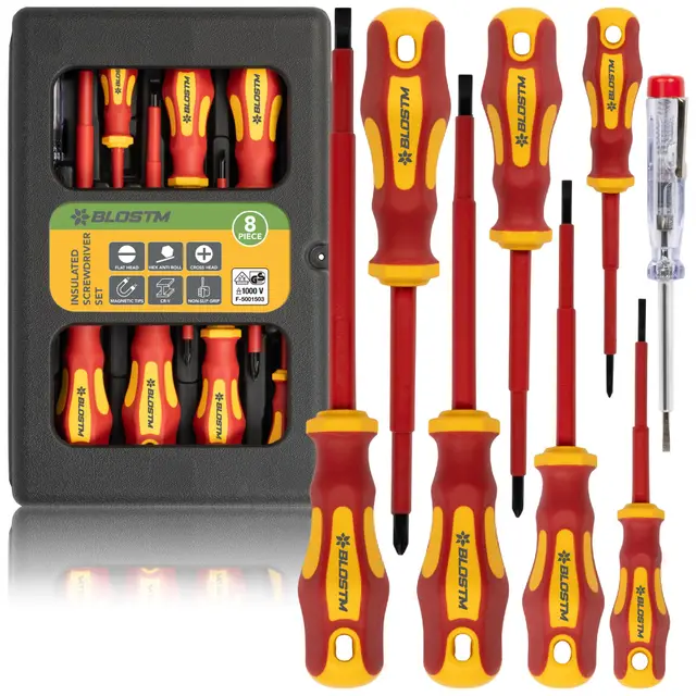 BLOSTM Ensemble de tournevis isolés – 8 pièces de tournevis électriques testés VDE pour tournevis d'électricien 1000 V avec étui de rangement inclus