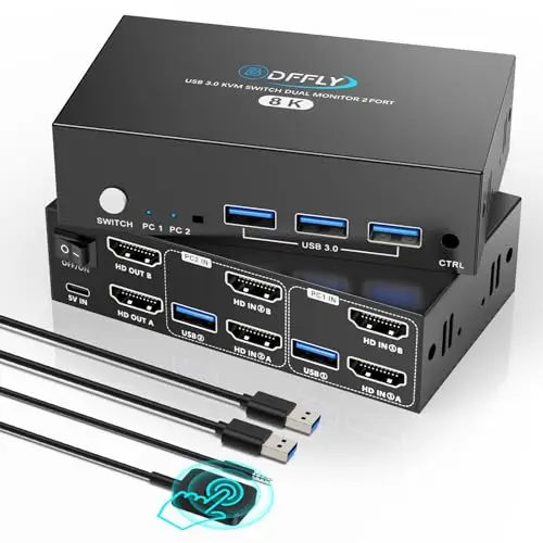 HDMI KVM Switch 2 PC 2 Monitor 8K@60Hz 4K@144Hz, USB 3.0 Switch KVM HDMI pour 2 Ordinateur Partager 2 Moniteur et 4 Port USB 3.0, Télécommande Filaire, Adaptateur Secteur 12V et Câble USB Inclus