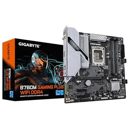 GIGABYTE Carte mère B760M Gaming Plus WiFi DDR4 - Prend en Charge Les processeurs Intel Core de 14e génération, VRM 4+1+1 Phases, jusqu'à 5333 MHz DDR4 (OC), 2 x PCIe 4.0 M.2, Wi-FI 6, 1 GbE LAN, USB